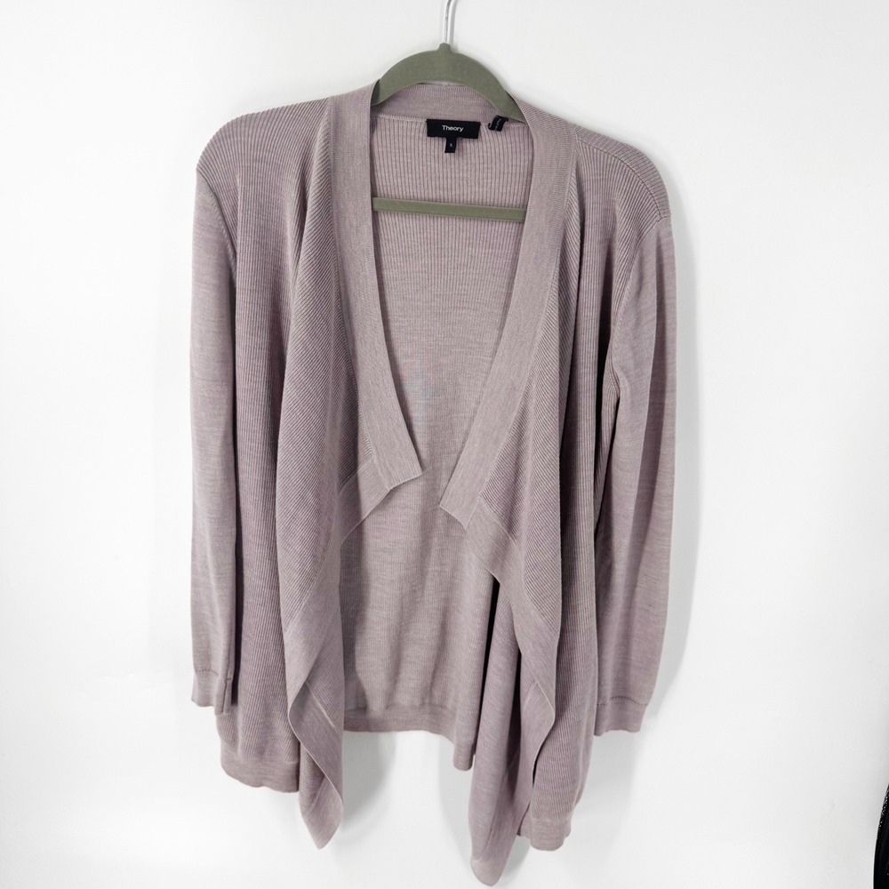 Theory Winxie‎ F Soft Luster Merino Wool Draped Open Front Cardigan Purple Small